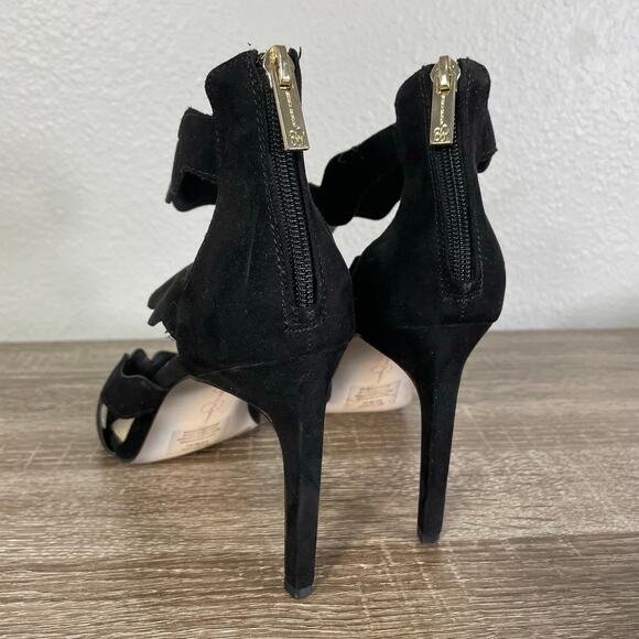 Jessica Simpson Black‎ Ruffle Heels 9.5M Zip Back Stiletto Sandals Leather Sole - Picture 2 of 9